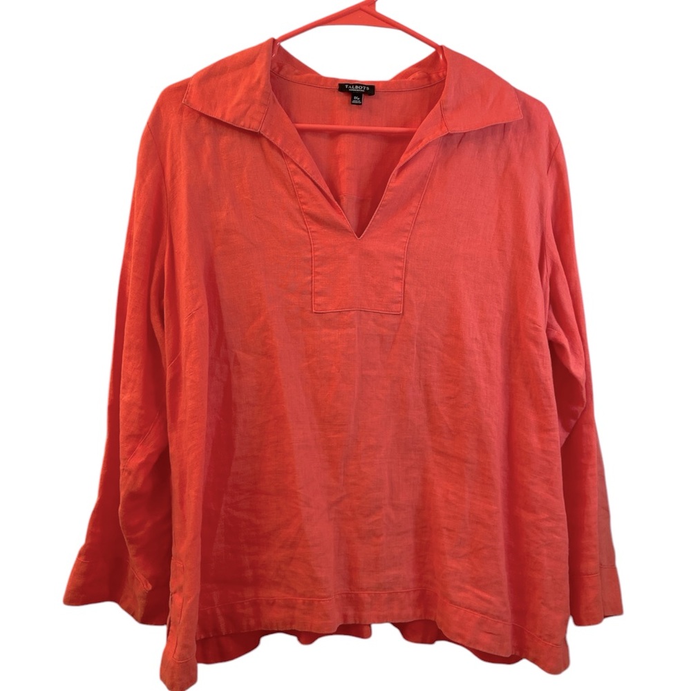 Talbots Linen Pullover Top Collar V Neck Coral Side Slits Long Sleeve WM SZ 1XP